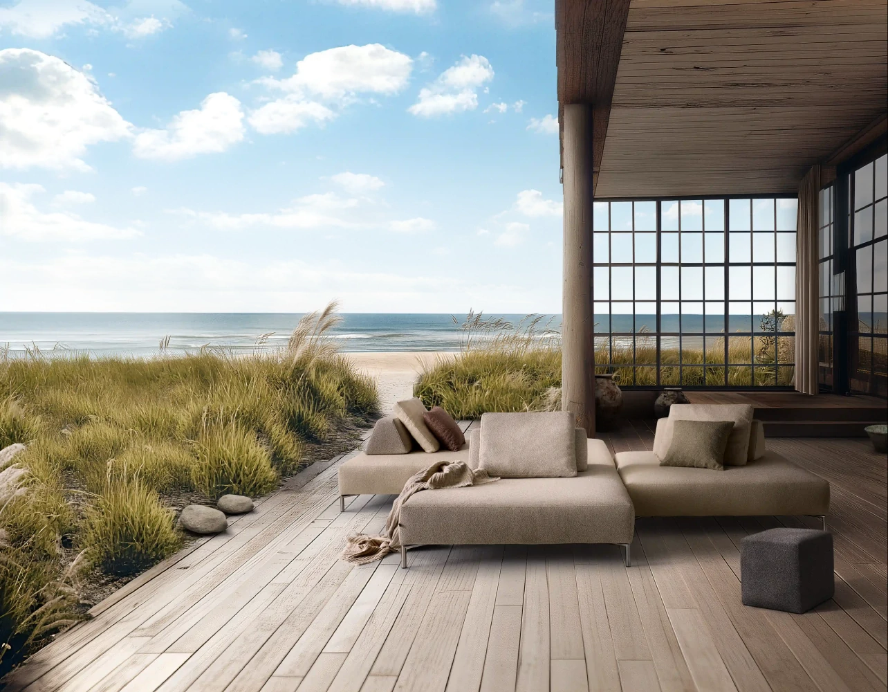 Eilersen Playtower outdoor sectional sofa in soft neutral fabric, configured as a spacious modular lounge with low-profile cushions and slim metal legs.