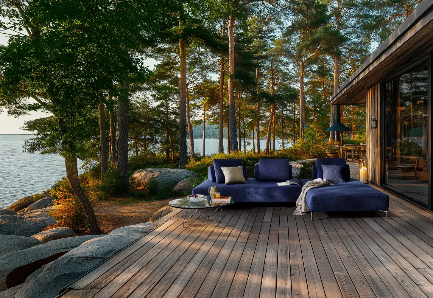 Eilersen Playtower outdoor modular sofa in Lisbon fabric, arranged as a contemporary garden seating setting with wide lounging sections and deep back cushions.