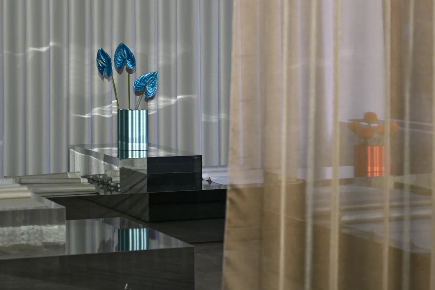 Contemporary interior featuring sheer metallised Kvadrat curtains and fabric accents in a modern living space