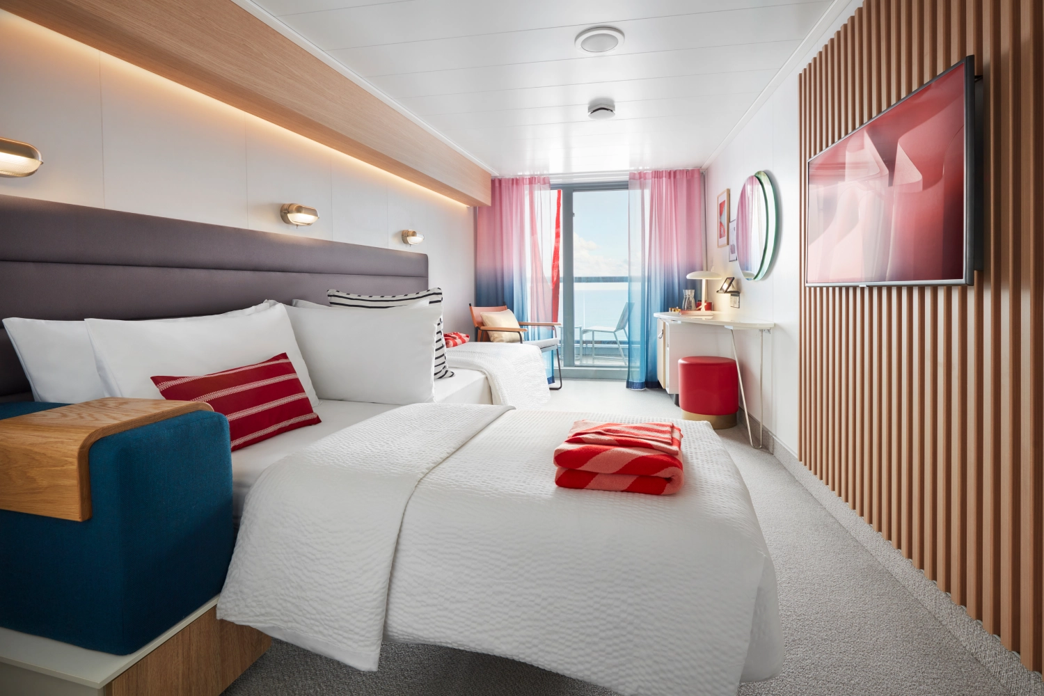Modern Cruise Liner bedroom with upholstered headboard, cushions and soft furnishings in Kvadrat fabrics